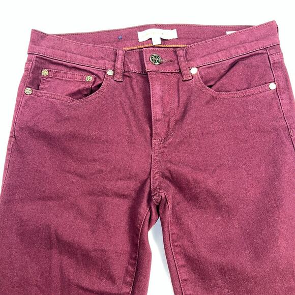 Tory Burch Super Skinny Jean Burgundy Cranberry Stretch Denim Mid Rise Size 27 - Picture 5 of 14